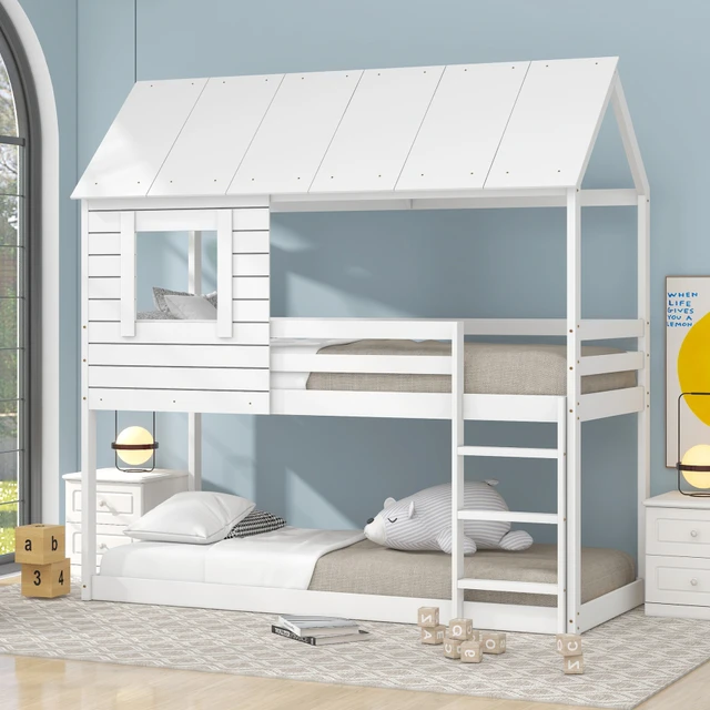 Letto a castello con scale e scaffale, letto a soppalco per 2 bambini con  finestra e scaffale e 2 doghe, letto per ragazzi in legno massiccio, letto