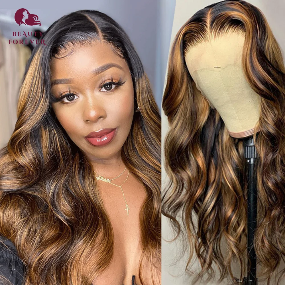 Black Wig With Honey Blonde Highlights Body Wave Lace Wigs With Balayage  Highlights