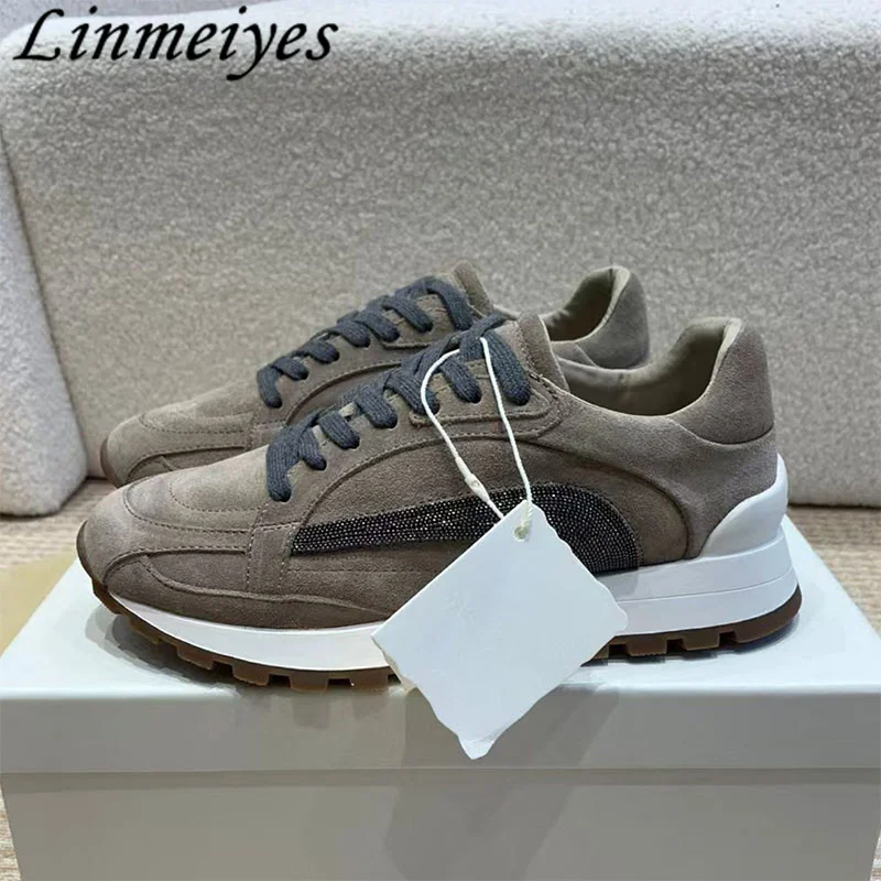 Women Casual Sneakers Round Toe Lace Up Flat String Bead Suede Leather Running Shoes Winter Wool Warm Sports