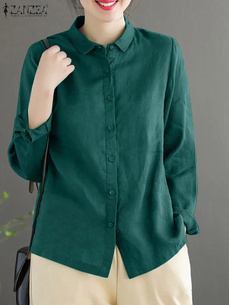 

Винтажная хлопковая рубашка ZANZEA, Весенняя модная женская блузка с воротником с лацканами и длинным рукавом, рубашка на пуговицах, элегантные однотонные деловые Топы