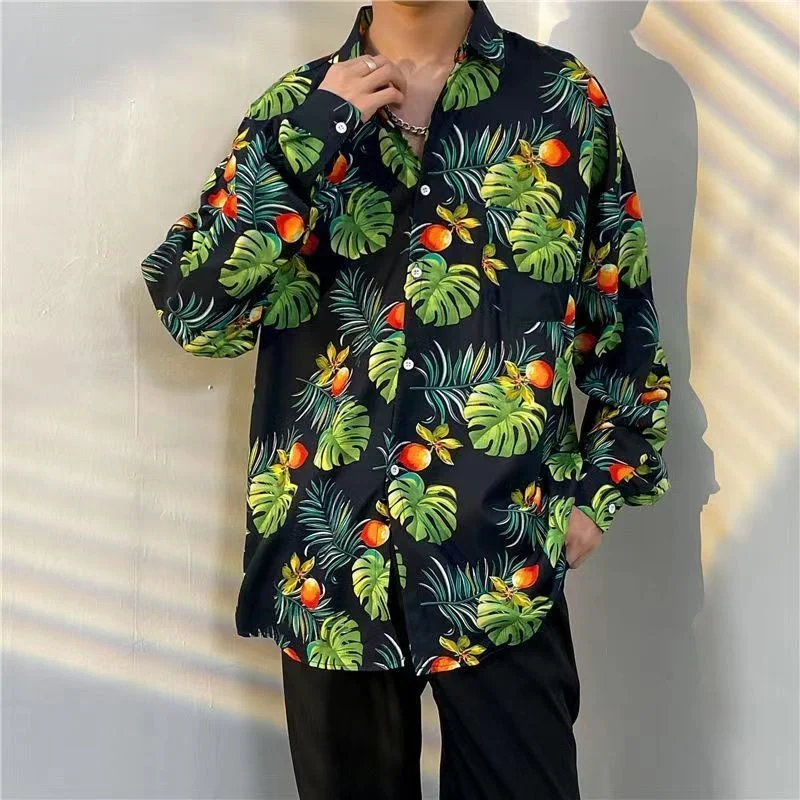 Korean Version Mens Vintage Long Sleeve Dress Shirt Trend Couple Hawaiian Loose Flower Print Blouses Shirt Mens Designer Clothes