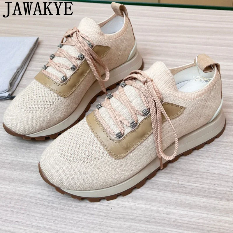 

Spring Hot Sale Famous Flat Sneakers Shoes Woman's Breathable Lace-Up Knitted Brand Shoes Luxury Casual Comfort Run Shoes Mujer