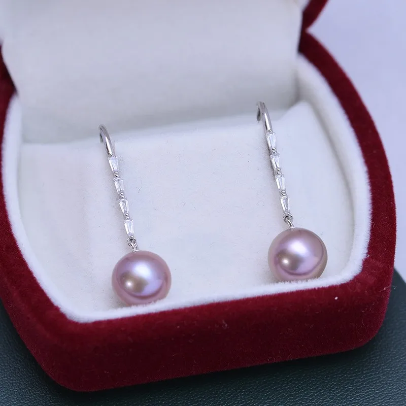 

EH005Lefei Fashion Trendy Luxury Strong Luster Few Flaw Freshwater Purple Pearl 9-10MM Dangle Earrings Women s925 Silver Jewelry
