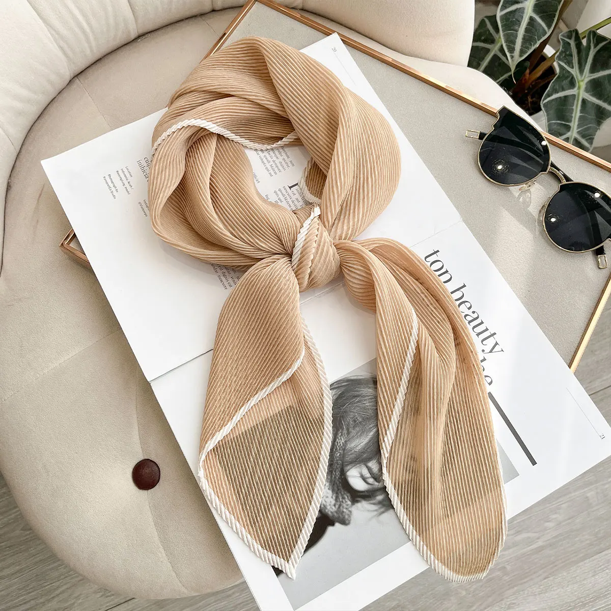 Women Pleated Satin Solid Scarf Headscarf long Shawl Sun protection Hair Tie Band HandKerchief Satin Foulard Scarves Decorative