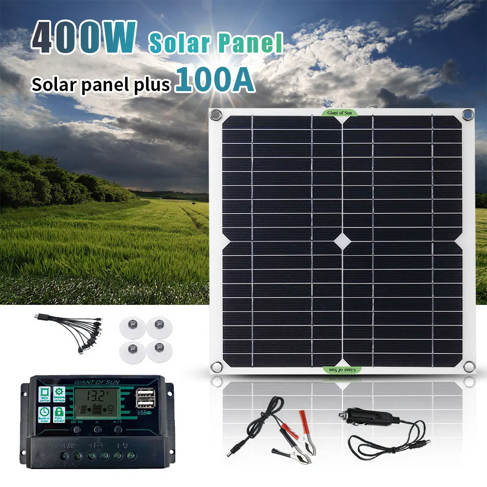 Kit de Panel Solar Portátil de 400W con Controlador Solar PWM de 100A, Múltiples Salidas USB Tipo-C, Clip de Cocodrilo DC, Enchufe para Coche, para Camping, RV, Yate, Energía Fuera de la Red