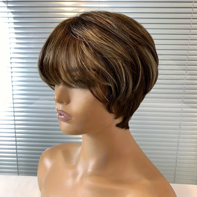 Pixie cut wig with bangs Brazilian Remy human hair natural black short bob style full machine made human hair wigs