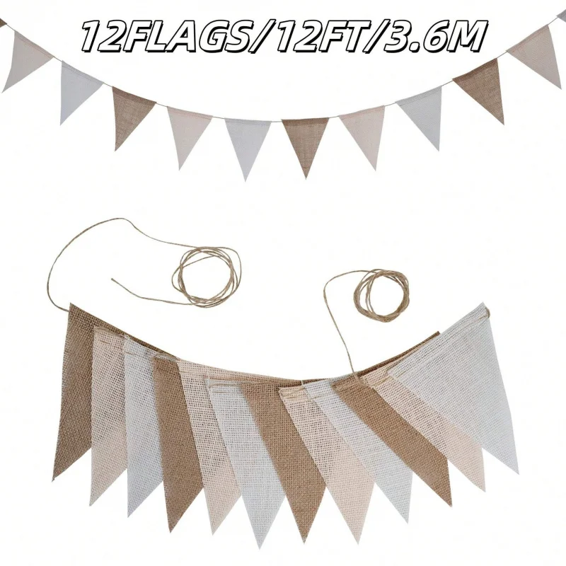 Pennant Banner Burlap Triangle Flags Coffee Linen Twine String DIY Celebration Birthday Wedding Party Decoration 12FT
