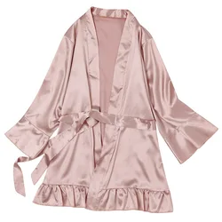 Women Pajamas Silk Robe Ruffle Sleeves Kimono Bathrobe For Women Sexy Nightwear Pink Sleepwear Plus Size Pajamas Robe Nightdress