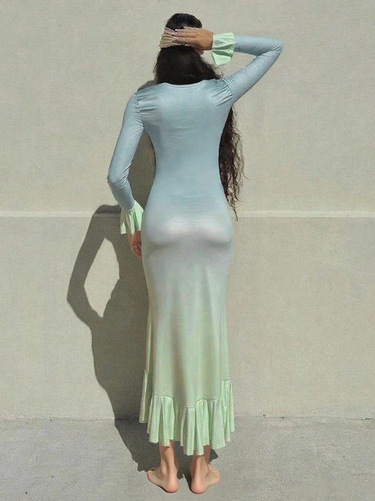 Nibber Low-Neck Sexy Gradient Dress Women Y2K Elegant Folds Split Ruffles Full Sleeve Party Banquet High Stretch Skinny Vestidos