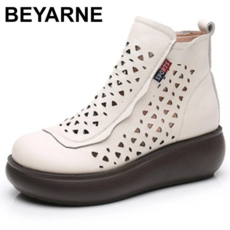 

New Genuine Leather Wedge Ankle Boots For Women Summer Platform Shoes Retro Hollow Out Back Zipper Breathable Cool Boots