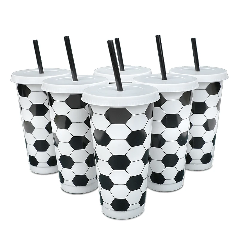 6Pcs Reusable Plastic Soccer Cups with Lid and Straw Kids Football Party Favors Gift Sports Themed Birthday Decoration Supplies