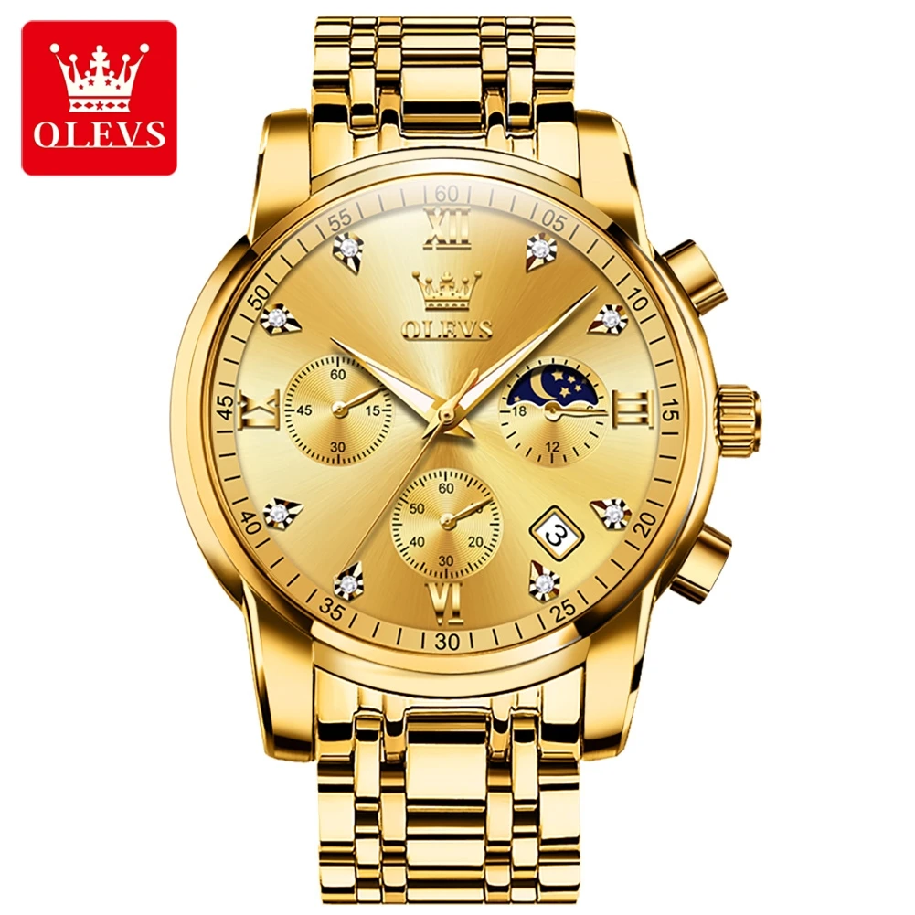 OLEVS Luxury Men's Quartz Chronograph Watch - Stainless Steel, Waterproof, Luminous, with Auto Date & Moon Phase