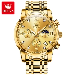 OLEVS Luxury Men's Quartz Chronograph Watch - Stainless Steel, Waterproof, Luminous, with Auto Date & Moon Phase (All Gold)