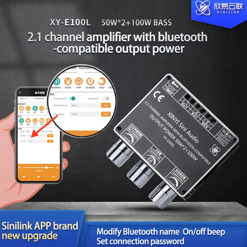 

Плата усилителя Bluetooth класса D, 50 Вт * 2 + 100 Вт, 2,1 каналов, для домашнего кинотеатра, аудио, стерео, усилитель сабвуфера, эквалайзер, приложение, AUX усилитель