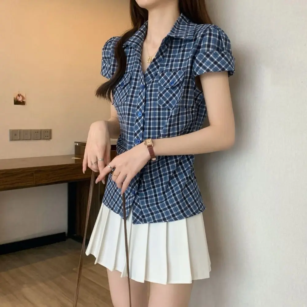 Simple Short Blue Grid Shirt Ruffle Streetwear Women Blue Grid Blouse Korean Style Pink Long Sleeve Tops Girls Gift