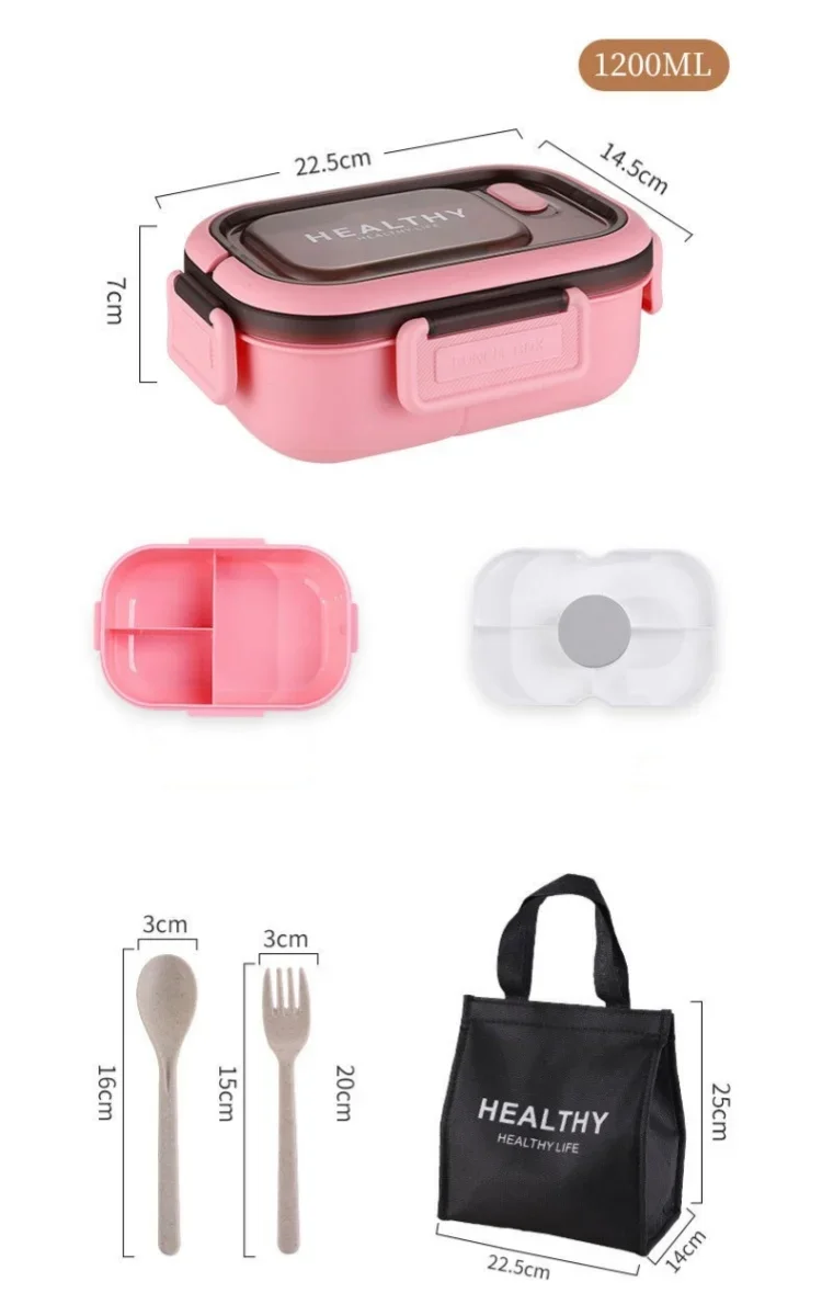 Description Picture 3 of itemPortable Double Layer Lunch Box Compartment Salad Fruit Box with Handles Students Workers Microwave Bento Box with Fork Spoon