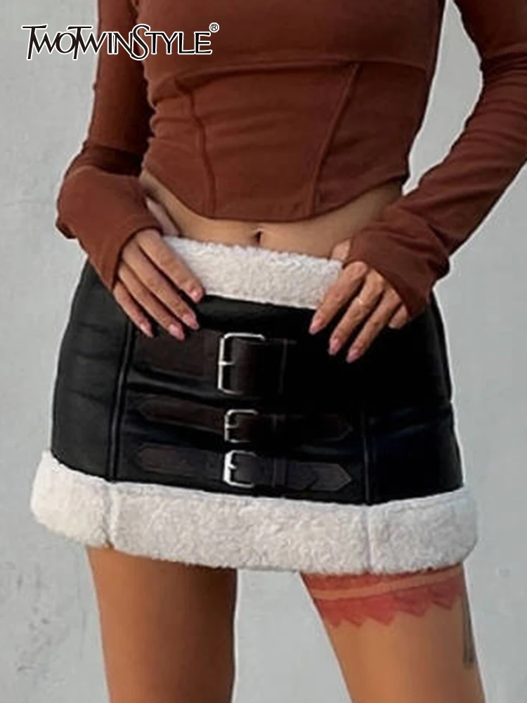 

TWOTWINSTYLE Colorblock Patchwork Lambswool Slimming Leather Skirts For Women High Waist Streetwear Bodycon Mini Skirt Female