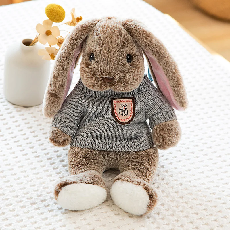 thumbnail image 1 of Lindo conejito de peluche de orejas grandes, animales de peluche de dibujos animados, conejo que usa suéter, almohada suave para dormir para bebé, regalo de cumpleaños para niña, 1 of 5