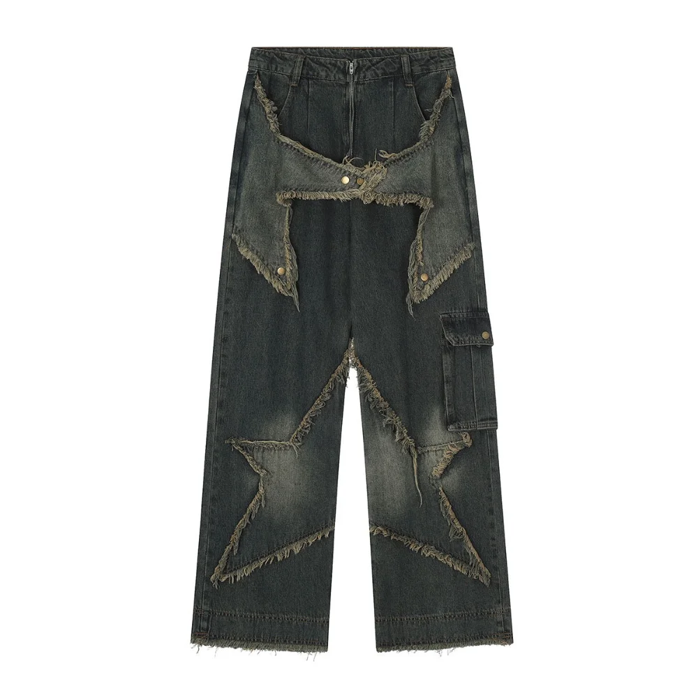 Harajuku Casual Stars Embroidery Patchwork Jeans for Men and Women Straight Baggy Flare Pants men Oversized Denim Trousers y2k