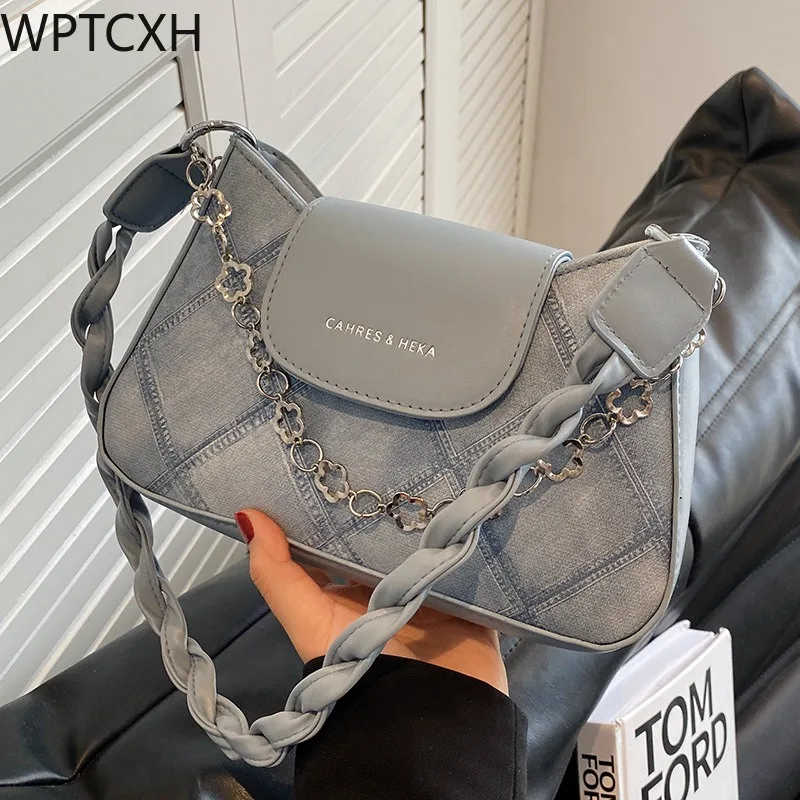 

2023 New Fashion Popular Niche Bag Girl Summer Feel Texture Imitation Denim Chain Alphabet Crossbody Bag Shoulder Underarm Bag