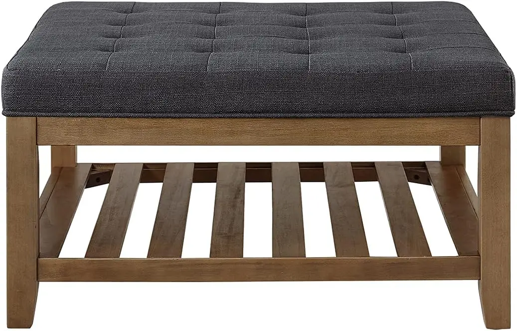 Large Square Upholstered Tufted Linen Ottoman Coffee Table, Large Footrest Ottoman with Solid Wood Shelf- Charcoal 2