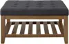 Large Square Upholstered Tufted Linen Ottoman Coffee Table, Large Footrest Ottoman with Solid Wood Shelf- Charcoal 2