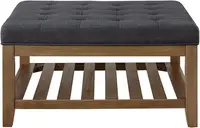 Large Square Upholstered Tufted Linen Ottoman Coffee Table, Large Footrest Ottoman with Solid Wood Shelf- Charcoal 2
