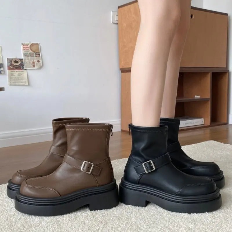 Fashion Women Ankle Boots Autumn Winter Back Zipper Slim Stretch Knee High Boots Office Lady Belt Buckle Simple Shoes Woman New