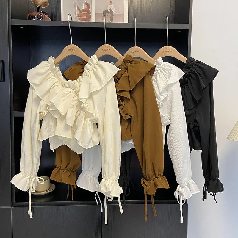 

French Chic Autumn Blouse Women Irregular Ruffles V-neck Female Blusas Mujer Ladies Long Sleeve Lace-up Bow Tops Dropshipping