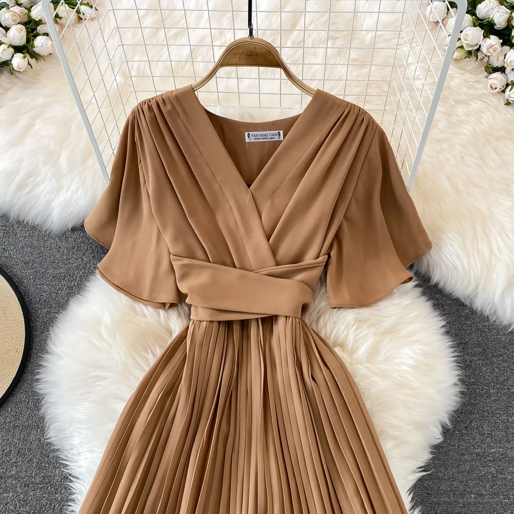 Women Elegant Pleated Dress Summer Short Sleeve V-neck Vintage Dresses Ladies A Line High Waisted Midi Dress