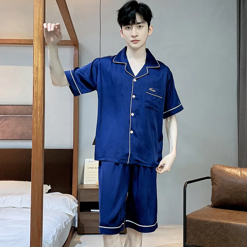 Men's Summer Thin Ice Silk Pajamas Lapel Short Sleeve Shorts Casual Home Clothing Set Comfortable Breathable Sleepwear