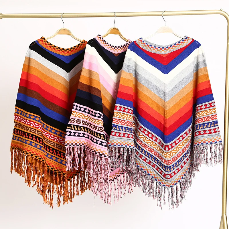

Loose Stylish Custom Cotton Ethnic Cape Woman Ladies Rainbow Knitted Woolen Sweater Poncho With Tassel Cloak