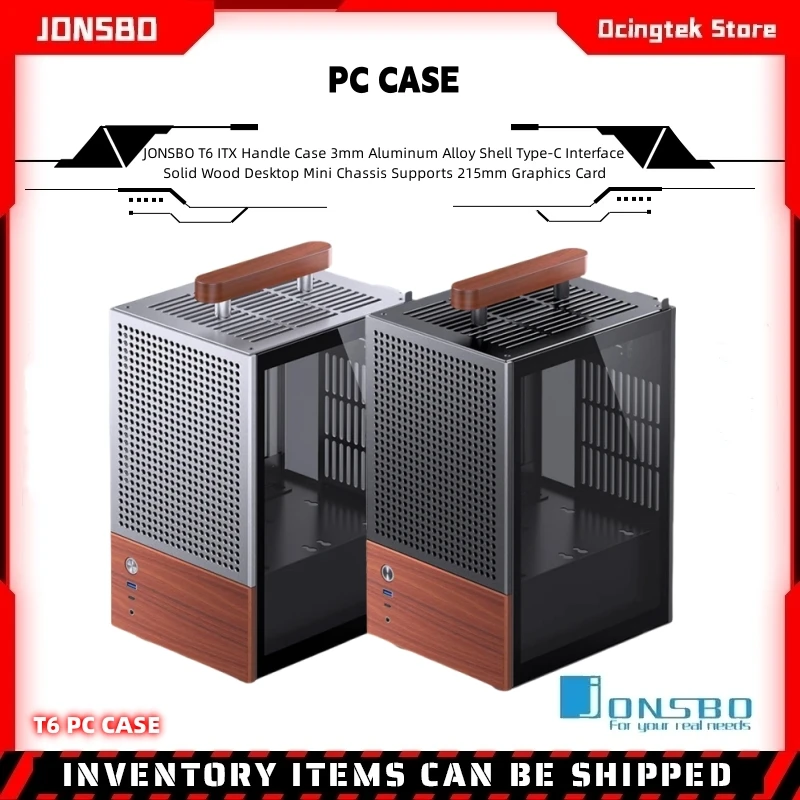 JONSBO T6 ITX Handle Case 3mm Aluminum Alloy Shell Type-C Interface Solid Wood Desktop Mini Chassis Supports 215mm Graphics Card