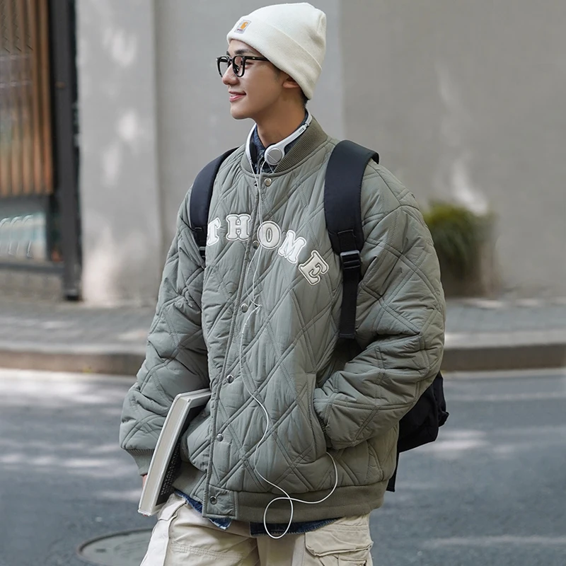 

Куртка-бомбер мужская с нашивкой, однотонная пузырчатая стеганая куртка с надписью, ветрозащитная теплая верхняя одежда, осень-зима