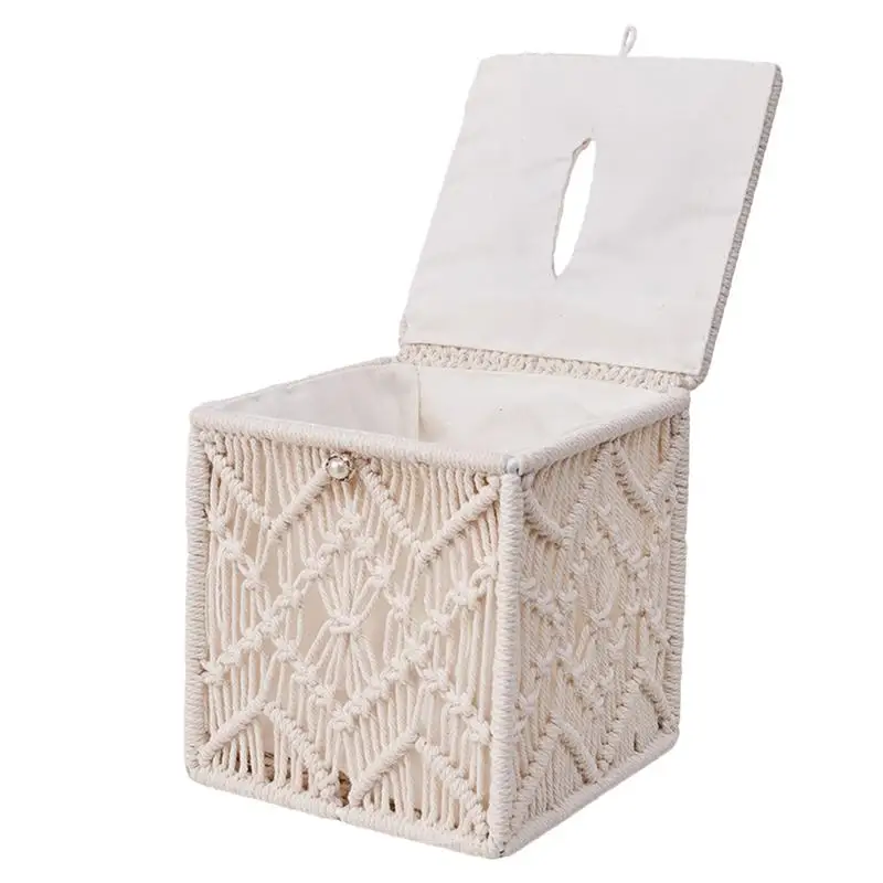 

Tissue Box Cover Macrame Square Open Rectangular Paper Tissue Holder Woven Tissue Storage Bin for Napkin Box Cube for Bedroom