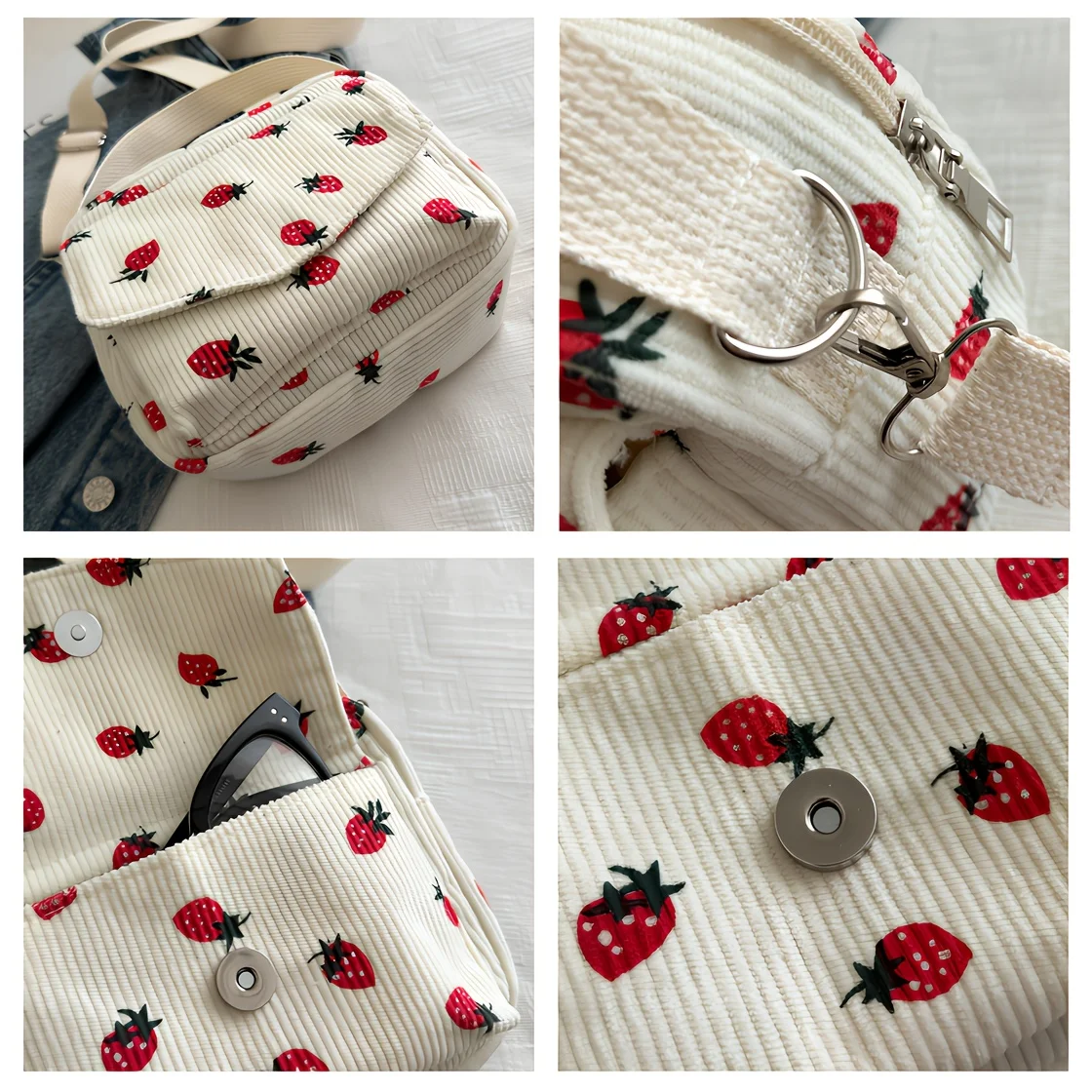 Cute Strawberry Print Corduroy Crossbody Bag, Versatile Small Shoulder Purse, Perfect for Daily Use Work Casual Travel Outings
