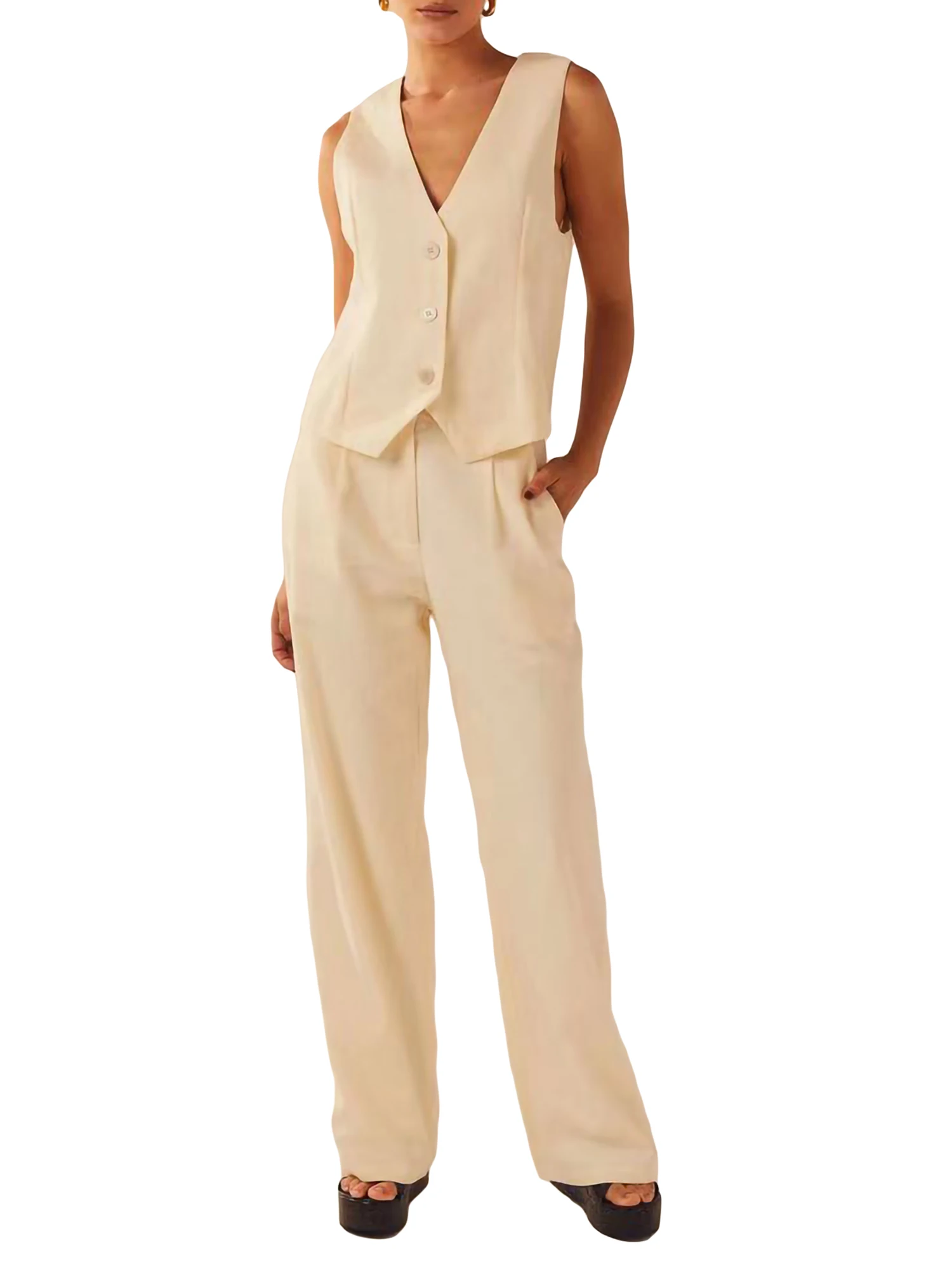 

TRURENDI Women Summer 2 Pieces Outfits Solid Color Ruched Strapless Wrap Chest Backless Tube Tops Wide-Leg Long Pants Set