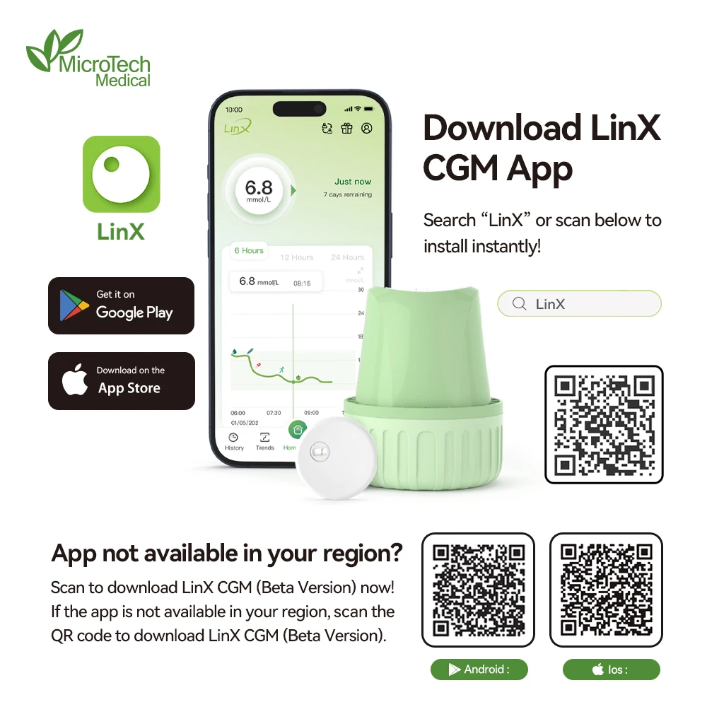 MicroTech LinX Dynamic Continuous Glucose Monitoring System CGM Sensor 24Hx15Days Blood Glucose Monitor for Diabetes Management