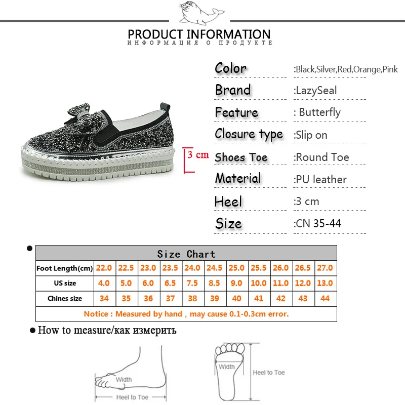 LazySeal Bling Sequine Upper Women Flat Heel Shoe Luxury Butterfly Street Style Casual Footwear Flats Plus Size 44
