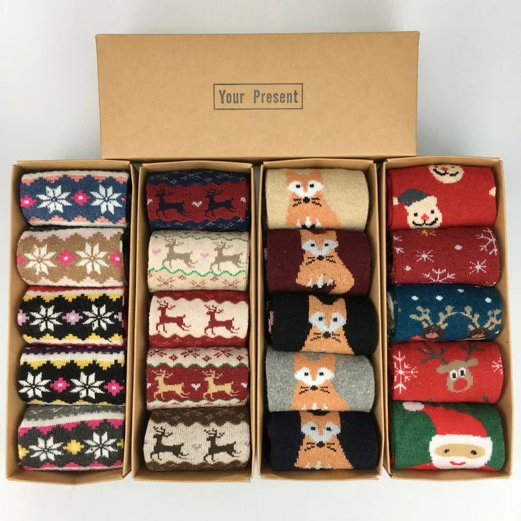 

5pcs New Arrival Women's Thick Wool Stockings Gift Boxed Christmas Socks with Gold Thread and Deer Pattern