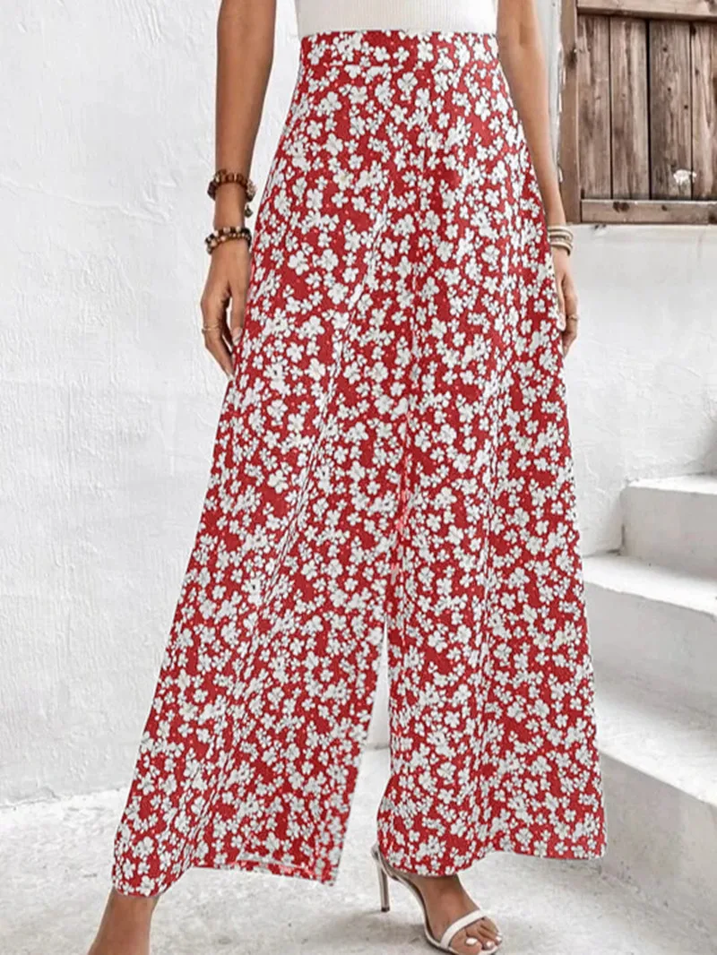 

Spring And Summer New Women's Fashion Small Fragmented Flower Loose Casual Waist Long Pants Women's Loose Wide Leg Long Pants