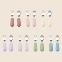 2PC Baby Silicone Stainless Steel Spoon Set Children's Training Fork Spoon Portable Baby Feeding Utensils Tableware Set With Box 2