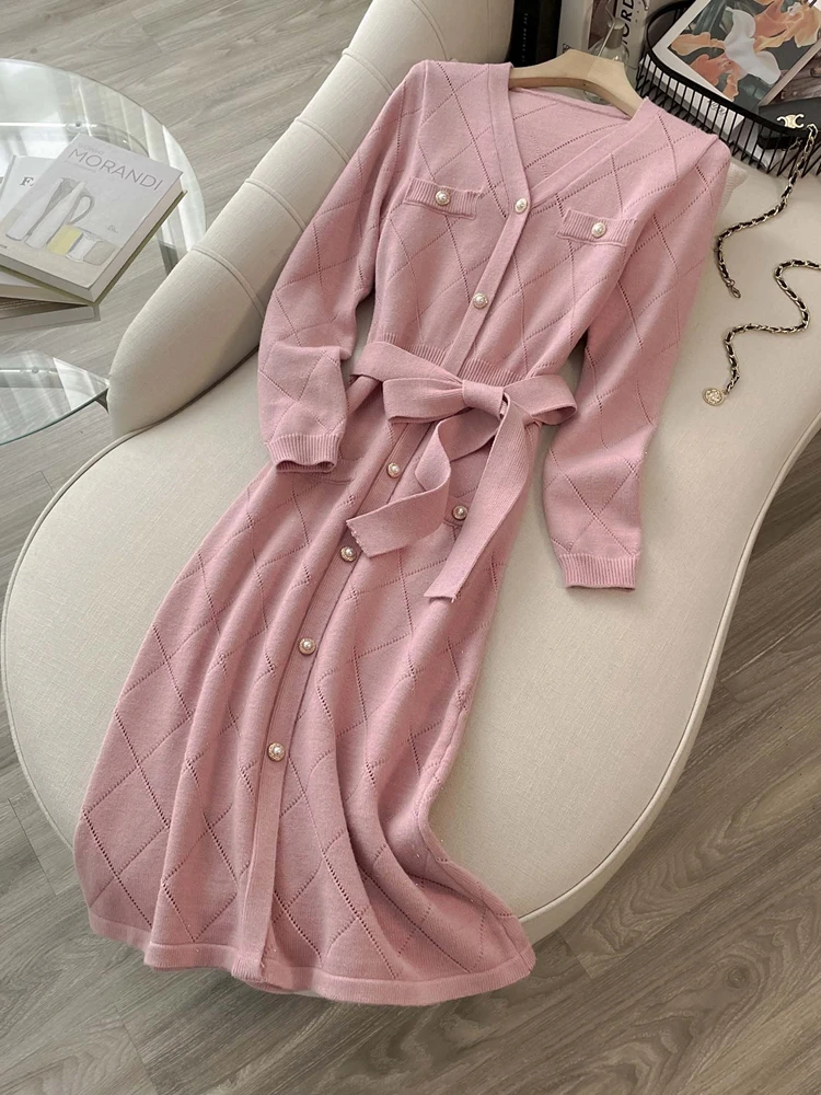 

Small Fragrance Style Autumn New High Quality Knitted Dress Women Elegant V-Neck Fashion Belt Slim Fit Knitting Dress Vestidos