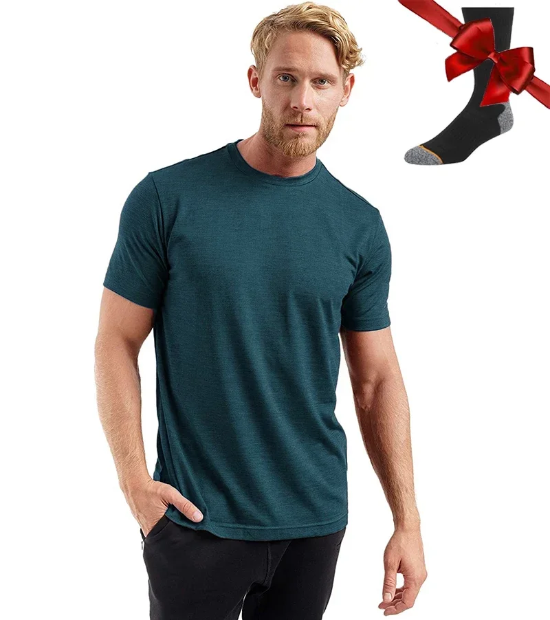 

A2333 Mens Base Layer Shirt Merino Wool Wicking Breathable Quick Dry Anti-Odor +Merino Wool Socks