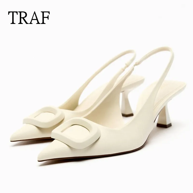

TRAF Off White Slingback High heels Women Pumps 2023 Elegant Woman Heeled Stiletto Pointed Toe Heeled Sandals Female Office Shoe