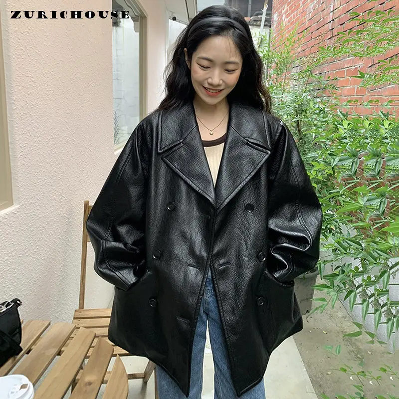 Streetwear Women's Leather Jacket Vintage Double Breasted Notched Collar Casual Black Faux Leather Motorcycle Jackets vestes