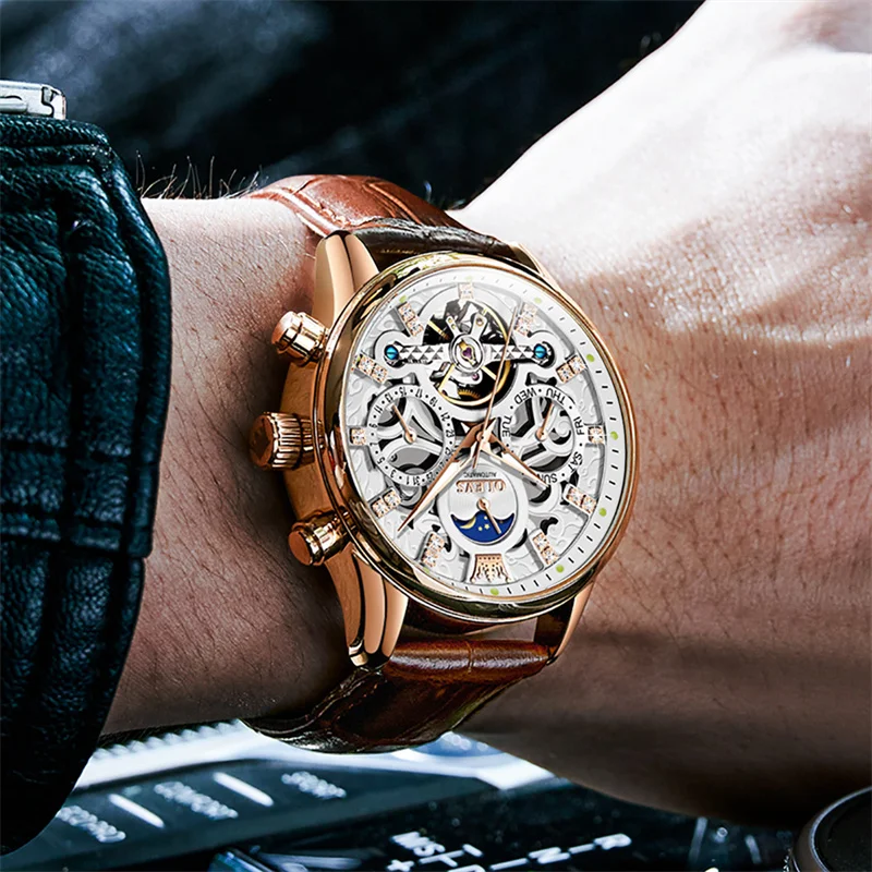 

OLEVS Automatic Men's Watches Top Brand Luxury Men Leather Tourbillon Mechanical Watch Waterproof Male Clock Relogio Masculino