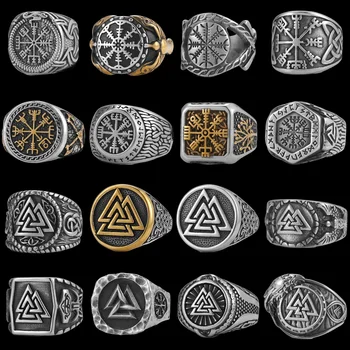 Vintage Stainless Steel Viking Amulet Ring Norse Compass Runes Men and Women Rings Teens Multi Style Jewelry Boyfriend Gift 1