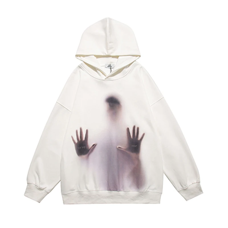 

2023 Hoodie Sweatshirt SOS Shadow Graphic Hooded Pullover Men Streetwear Harajuku Autumn Cotton White Hoodie Sweat Shirt Hip Hop