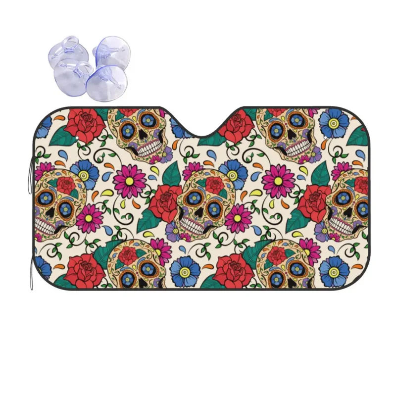 

Sugar Skull Rose Mexican Skeleton Novelty Sunshade Windscreen Day of the Dead Halloween Aluminium Foil Sun Visor UV Protector
